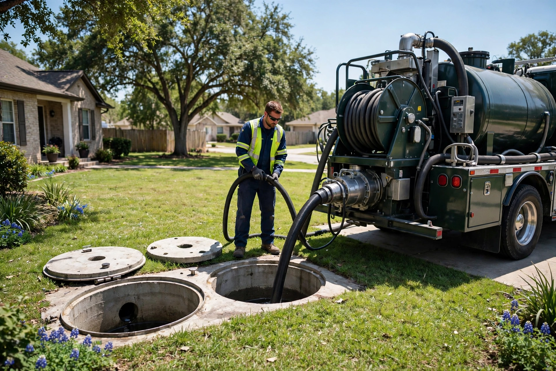 Septic service technician with vacuum truck in Schertz, TX