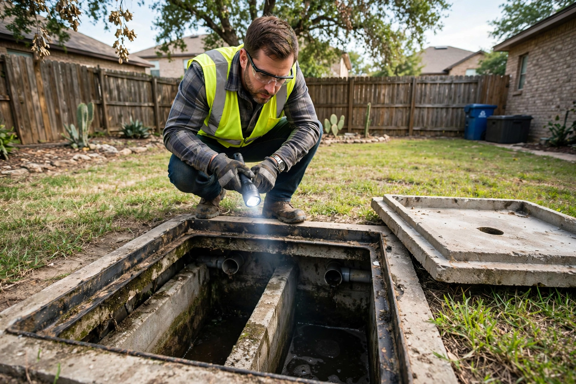 Technician inspecting an open septic tank in Schertz, TX